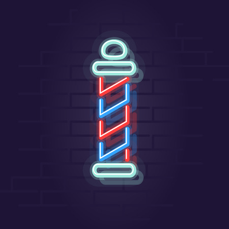 Neon barbershop pole sign. Night illuminated street hair saloon sign. Vintage and retro for trendy grooming. Isolated line art style illustration on brick wall backgroundのイラスト素材