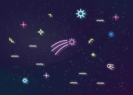 Neon space with stars, comet and satellite. Night illuminated universe background or backdrop isolated geometric style illustration.のイラスト素材