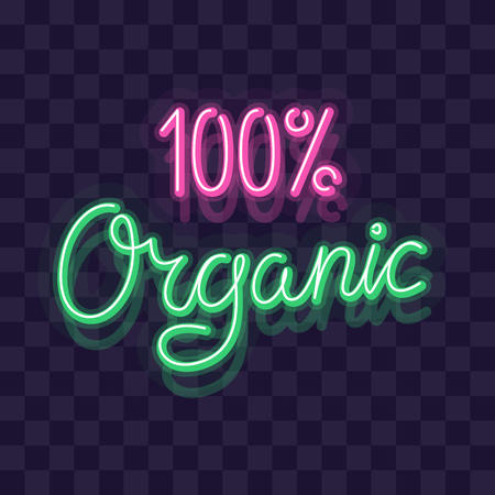 Neon 100% organic transparent label for package, poster or web site. Isolated bright glowing handwritten textのイラスト素材