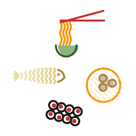 Oriental food icons set. Korean noodles, dim sum, kimbap and fish. Isolated line art style illustration on white backgroundのイラスト素材