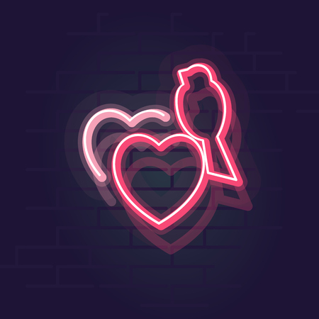 Neon love bird. Night illuminated wall street sign. Isolated geometric style illustration on brick wall backgroundのイラスト素材
