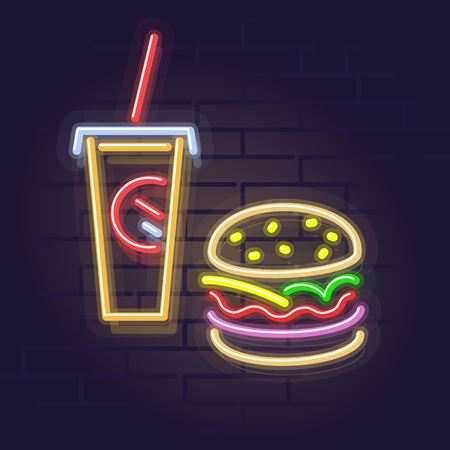 Neon burger and cola. Night illuminated wall street sign. Isolated geometric style illustration on brick wall backgroundのイラスト素材