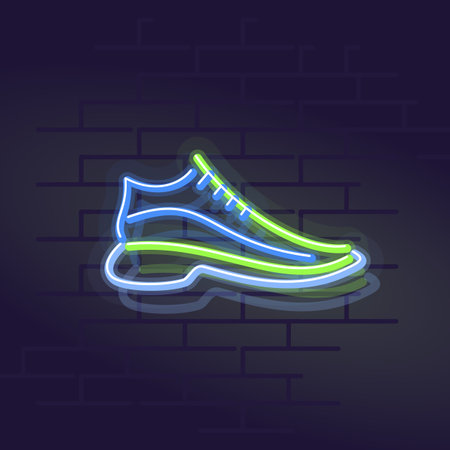 Neon sneakers. Night illuminated wall street sign. Isolated geometric style illustration on brick wall backgroundのイラスト素材