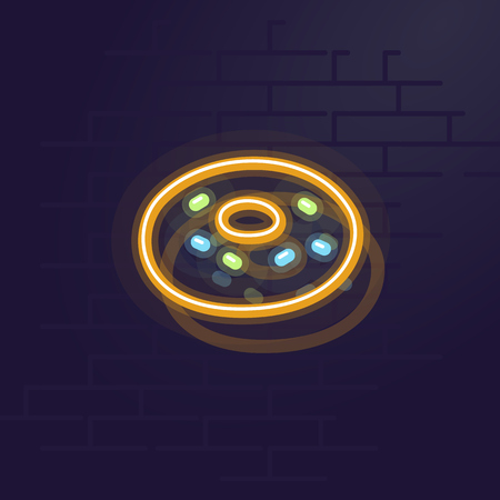 Neon donut. Night illuminated wall street sign. Isolated geometric style illustration on brick wall backgroundのイラスト素材