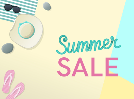 Summer sale handwritten lettering with sun hat, sunglasses, flip flips on the beach. Top view geometric style illustrationのイラスト素材