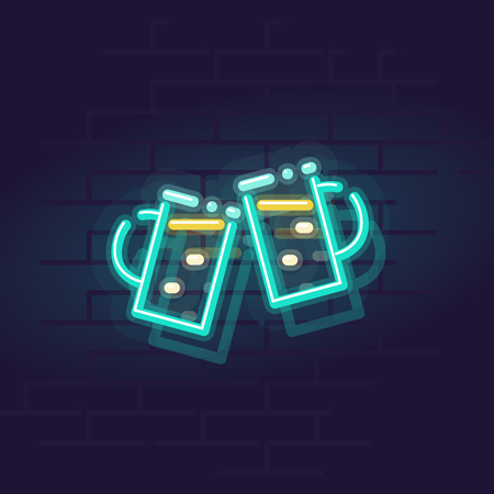 Neon beer. Night illuminated wall street sign. Isolated geometric style illustration on brick wall backgroundのイラスト素材