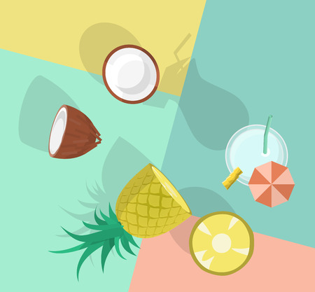 Pina colada top view. Image with cocktail and its ingredients on colorful background. Illustration for menu, poster, banner, t-shirtのイラスト素材