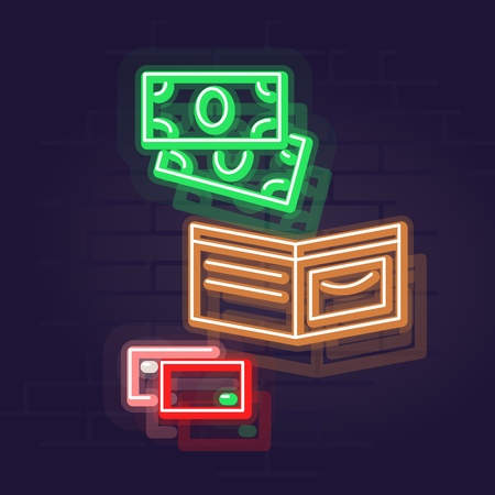 Neon wallet. Night illuminated wall street sign. Isolated geometric style illustration on brick wall backgroundのイラスト素材