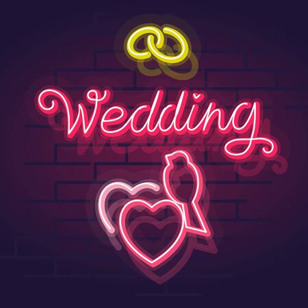 Neon wedding lettering with bird and rings. Square night illuminated wall street sign for post or card. Square illustration on brick wall backgroundのイラスト素材