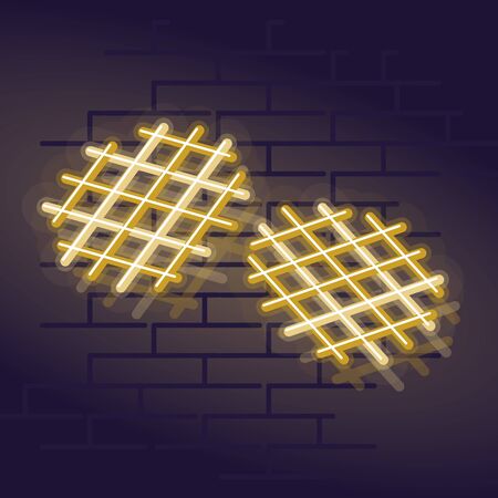 Neon belgian waffles icon. Early morning illuminated wall street sign for bakery. Isolated line art style illustration on brick wall backgroundのイラスト素材