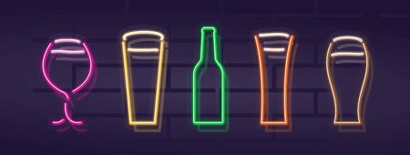 Neon beer glass icons. Isolated icons for menu, post, pub or bar advertisement. Illustration on brick wall backgroundのイラスト素材