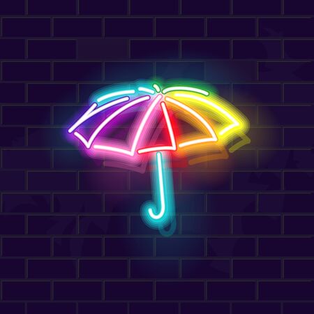 Neon rainbow umbrella. Glowing vector illustration on brick wall background.のイラスト素材
