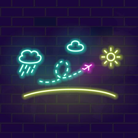 Airplane travel path from rainy clouds to sunshine and beaches. Neon vacation poster, post image, advertisement. Square line art fluorescent vector illustrationのイラスト素材