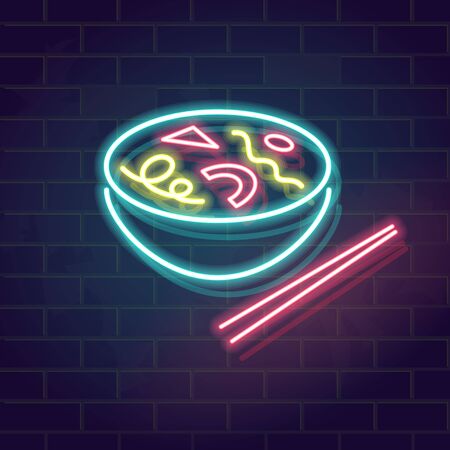 Bowl of ramen. Neon cyberpunk asian noodles icon. Stylish geometric symbols in bowl. Square image for poster, flyer, banner, social network post.のイラスト素材