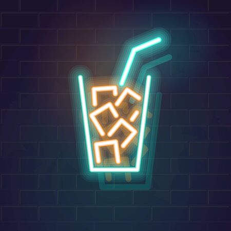 Neon long island iced tea cocktail. Mixed alcohol drinks in highball glass. Classic world popular cocktail with ice cubes. Vector fluorescent icon illustration on brick wall background.のイラスト素材