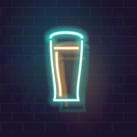 Neon beer glass icon. Glowing line art beverage silhouette. Fluorescent illustration of iced cold pint of beer on brick wall background.のイラスト素材