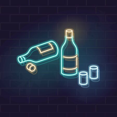 Neon soju bottles on table. View after two friends meeting. Korean drama style illustration. Vector illustration on brick wall backgroundのイラスト素材