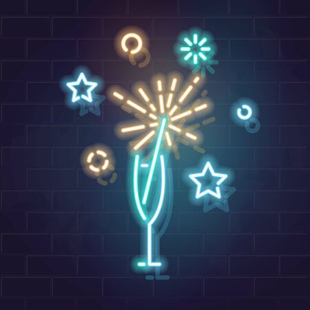 Fireworks in glasses of champagne. Neon illustration for celebration party. New year eve, christmas, birthday, anniversary. Fluorescent square image on brick wall background for social network, poster, invitationのイラスト素材