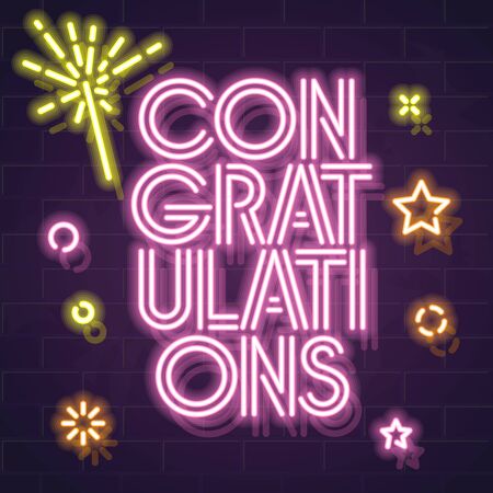 Illustration for Square congratulations typography with sparkles and confetti. Neon text for celebrating lottery, giveaway, birthday, anniversary. Glowing letters on brick wall background. - Royalty Free Image