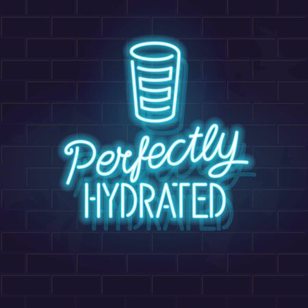 Neon perfectly hydrated handwritten lettering. Glowing vector typography and water silhouette. Fluorescent letters on dark brick wall backgroundのイラスト素材