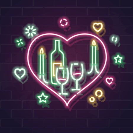 St. Valentines day dinner neon illustration. Vector glowing typography on brick wall background. Isolated for any dark background.のイラスト素材