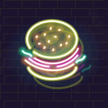 Neon burger top view. Isolated cheeseburger silhouette on brick wall backgroundのイラスト素材