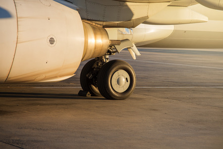 Landing gear, wheels, on the runway, close up. Airport.の写真素材