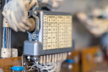 Electronic industry. Open cabinet of the control unit of the production cycle. Close-up.の写真素材
