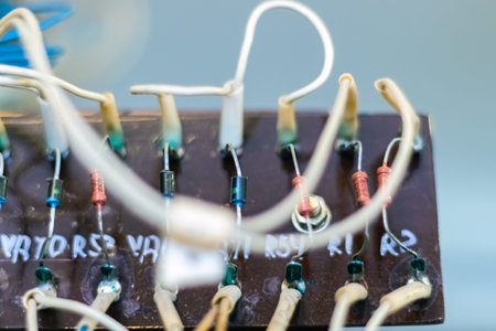 Electronic industry. Connection diagram of resistors in the control cabinet. Close-up.