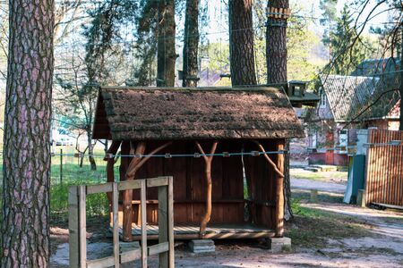 Wooden cabin for rest in an obstacle course in the forest. Extreme sport.の写真素材