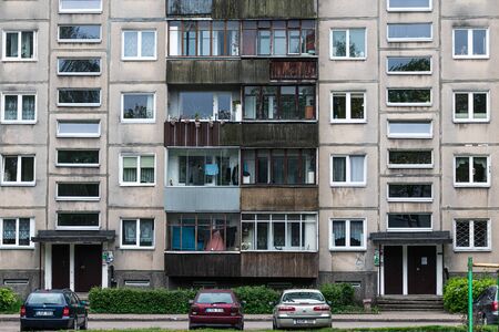 Facade of social housing in a residential area of ââthe city. Close-up.の写真素材