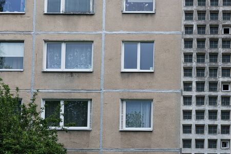Facade of social housing in a residential area of ââthe city. Close-up.の写真素材