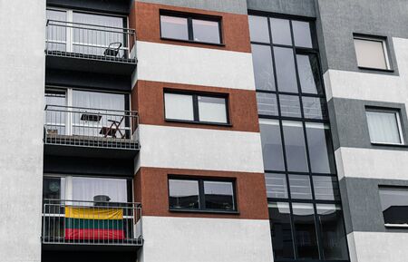Facade of social housing in a residential area of ââthe city. Close-up.の写真素材