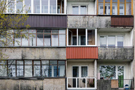 Facade of social housing in a residential area of ââthe city. Close-up.の写真素材
