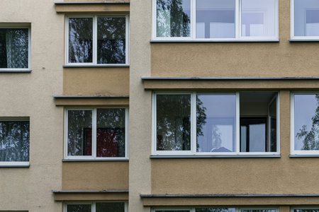 Facade of social housing in a residential area of â€‹â€‹the city. Close-up.
