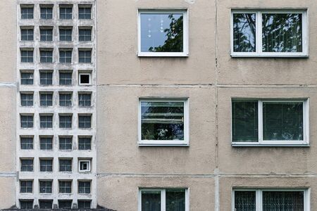 Facade of social housing in a residential area of ââthe city. Close-up.の写真素材