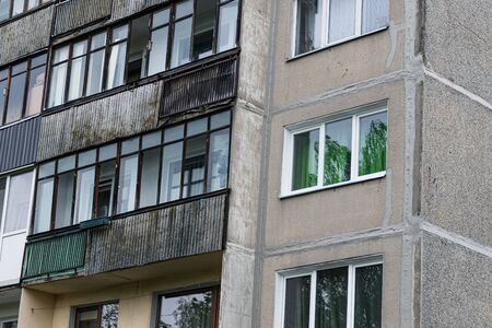 Facade of social housing in a residential area of ââthe city. Close-up.の写真素材