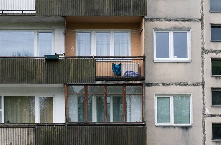 Facade of social housing in a residential area of ââthe city. Close-up.の写真素材