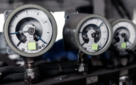 Industry. Measuring instruments fixed in a row. Close-up.