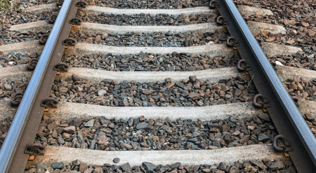 Railway rails on concrete sleepers.