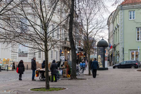12-19-2019. Vilnius, Lithuania. An old cobbled street in the central part of the old quarter of the city.のeditorial素材