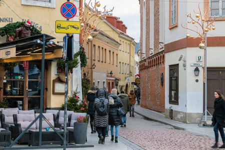12-19-2019. Vilnius, Lithuania. An old cobbled street in the central part of the old quarter of the...