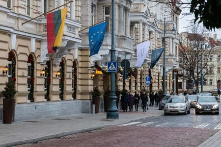 12-19-2019. Vilnius, Lithuania. An old cobbled street in the central part of the old quarter of the city.のeditorial素材