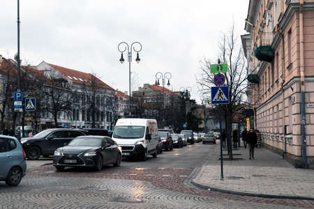 12-19-2019. Vilnius, Lithuania. An old cobbled street in the central part of the old quarter of the city.のeditorial素材