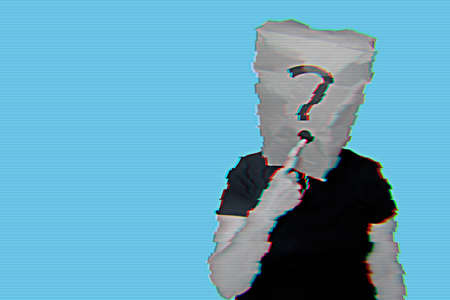 A man with a paper bag on his head. Glitch effect.の写真素材