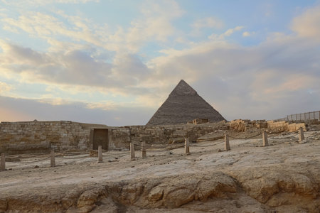 Egypt. Giza. Frontal view of two pyramids.の写真素材