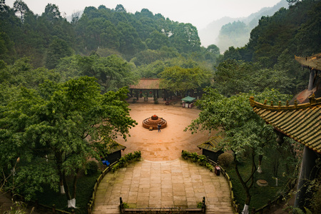 Leshan Buddha Park with chinese pagodas and  statues in Leshan, China. Top view of the Lotus Fountainの写真素材