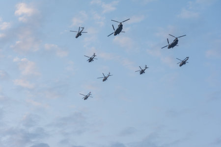Singapore National Day,  fighter planes flying in sky, shot from Marina Bay Sands Hotel.
