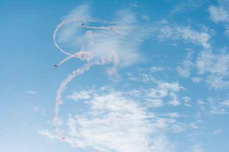 Singapore National Day,  fighter planes flying in sky, shot from Marina Bay Sands Hotel.の写真素材