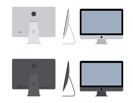 Computer pc, pro top view of a monoblock computer. Conception of professional equipment, monitor, workstation. Modern computer mockup concept. The computer is from different sides.のイラスト素材
